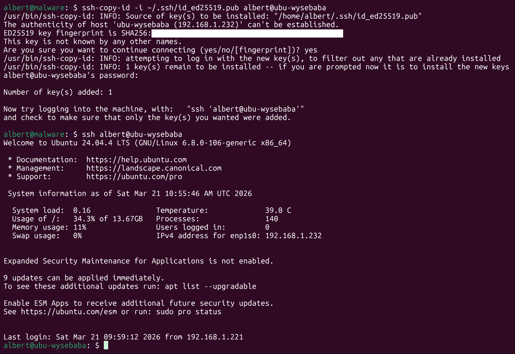 Successful login via SSH